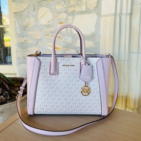 MICHAEL KORS KALI MD SATCHEL SHOULDER BAG + IPAD CASE MK ROSE GOLD WHITE PINK - Picture 2 of 14